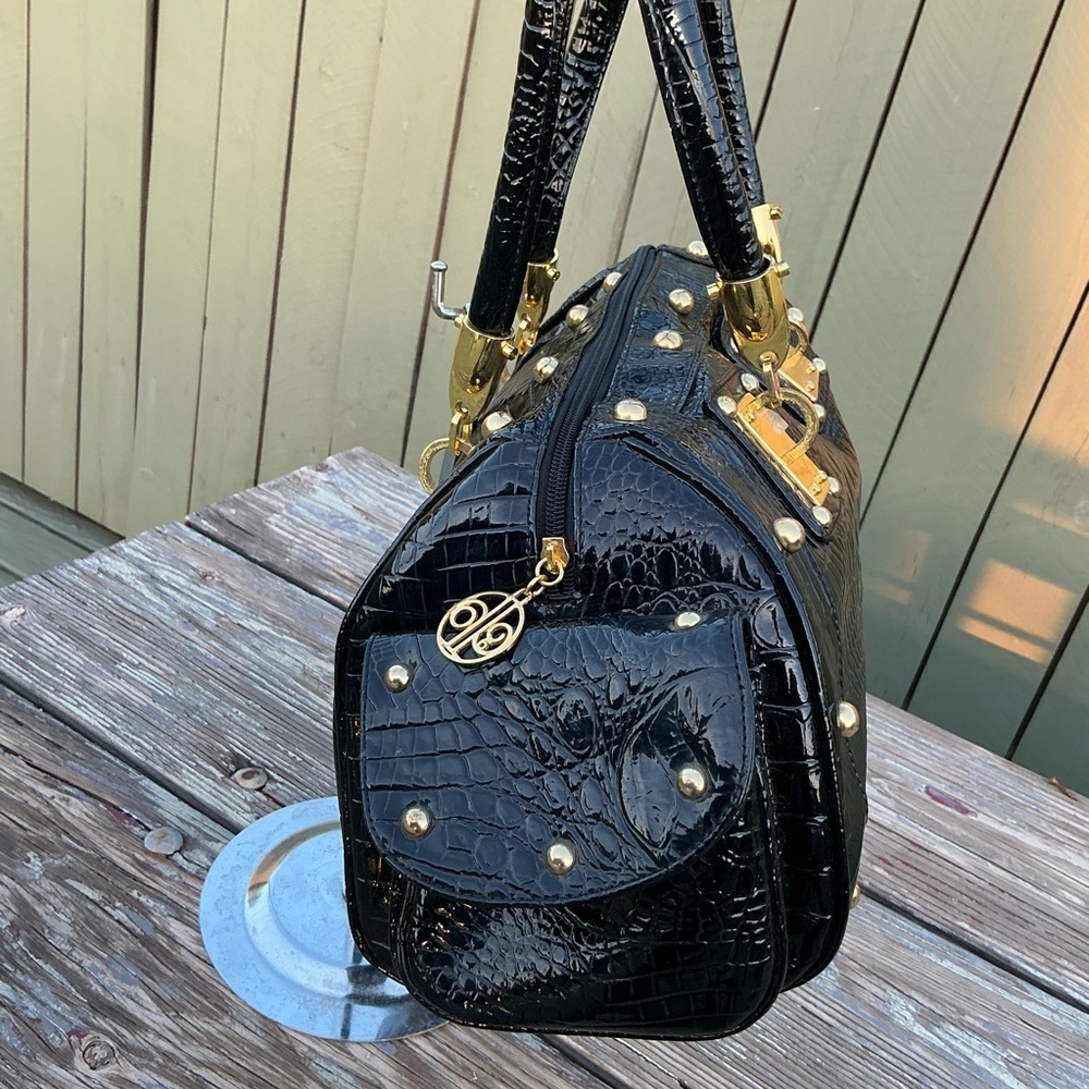 Vintage Calla 90’s Snake Pattern Patent Studded Faux Purse Black Satchel Hand Bg - Picture 3 of 15
